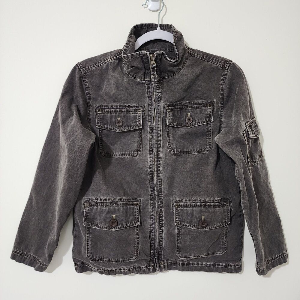L.L.Bean Boys M 10/12 Brown Full Zip Jacket Cotton Logo Pockets Distressed